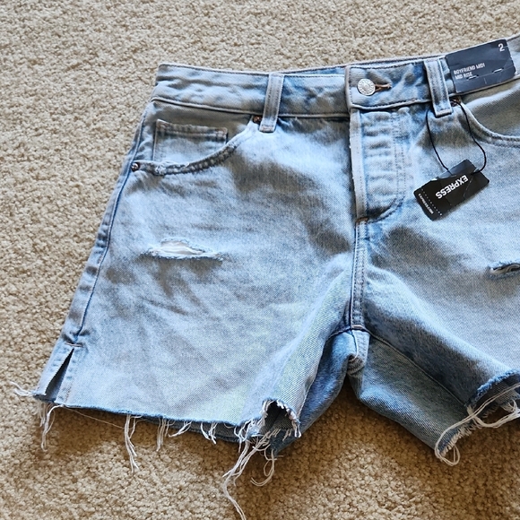 Express Light Blue Distressed Jean Shorts Button Fly High Rise Cotton Sz 2 NWT - Picture 6 of 14